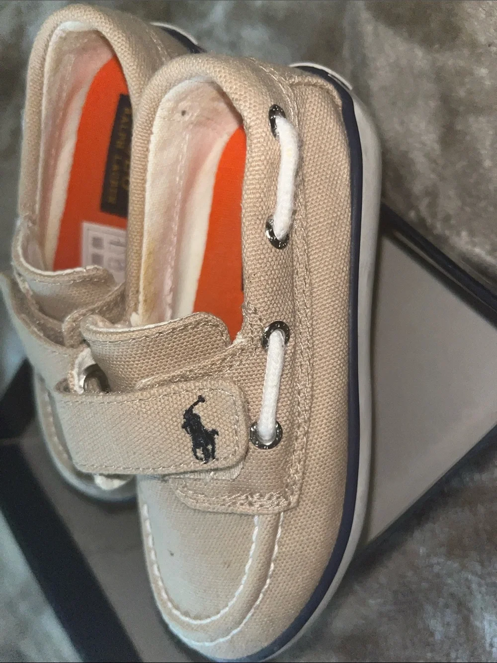 Polo by Ralph Lauren Kids Tan Canvas Moccasins with Orange Insole